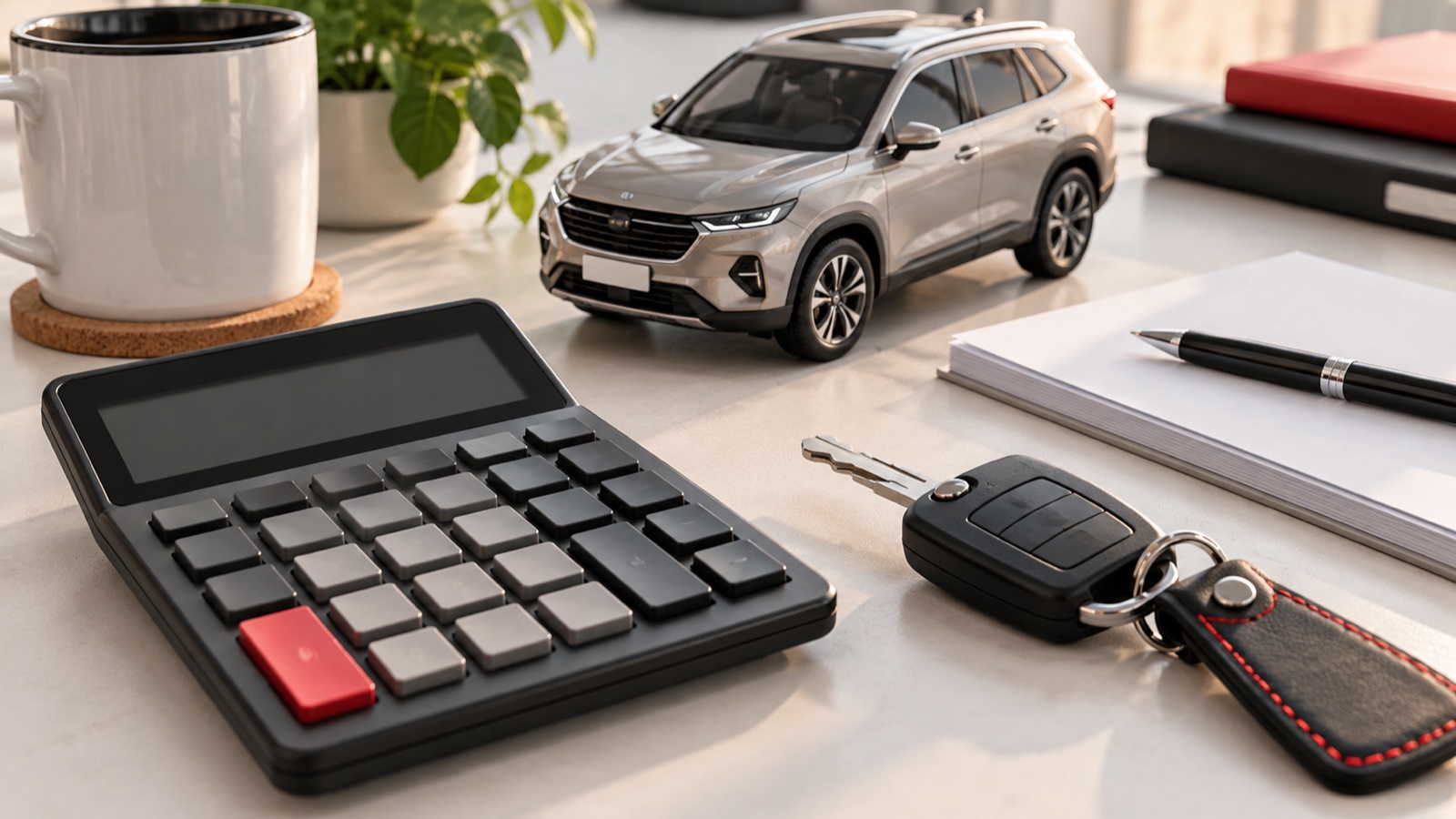 Calculator and keys - illustration of car budget planning
