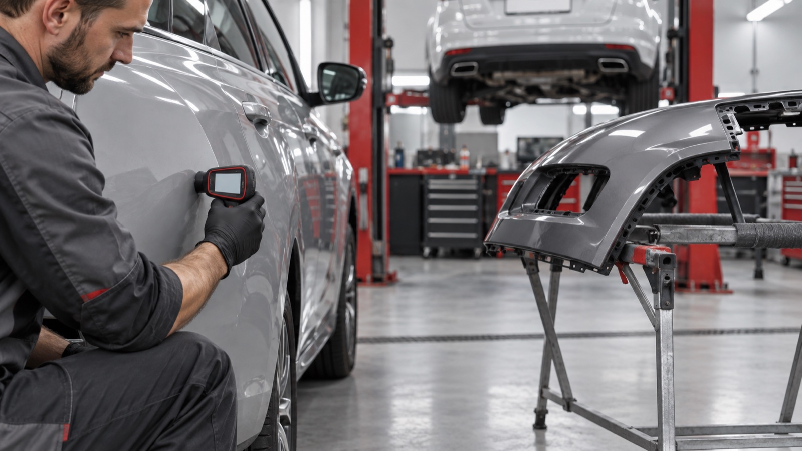 A technician assesses the bodywork and the repairs needed