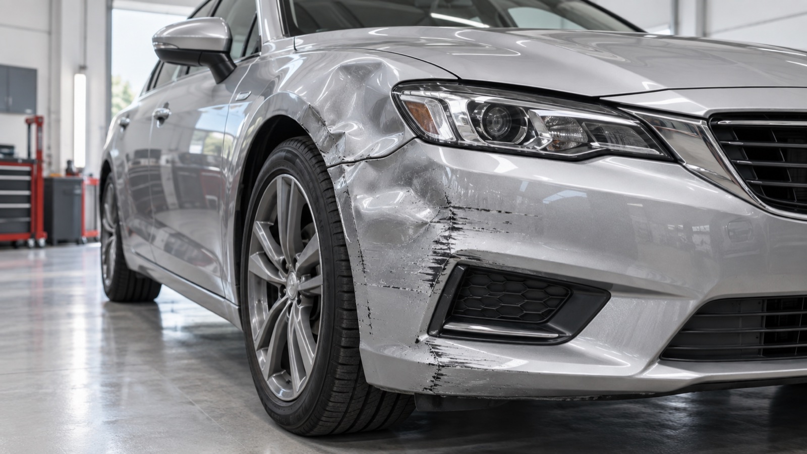 Damaged wing and bumper of a car during inspection