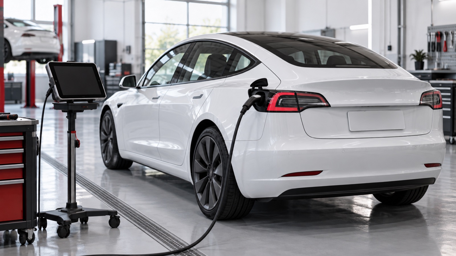 Illustration of diagnostics of an electric sedan in a workshop